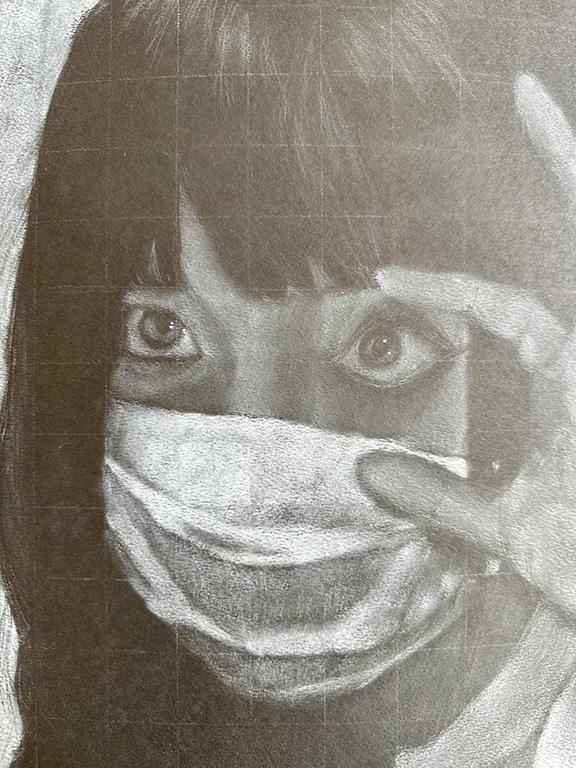 White Charcoal on Black portrait of a girl wearing a medical mask